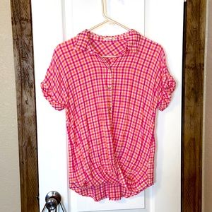 Maurice’s pink and orange striped shirt